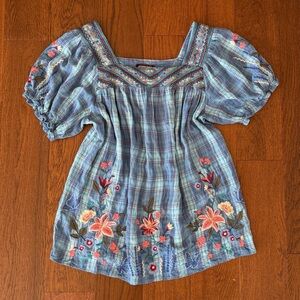 Johnny Was Aimee Plaid Puff Sleeve Peasant Top size M